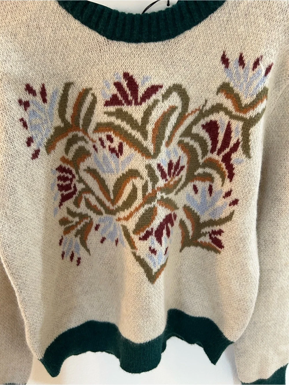 & Merci Floral Crewneck Sweater with Green Trim. Sz Small